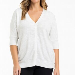 Eileen Fisher white blouse burnout half sleeve lightweight V-neck Petite Large